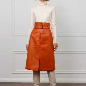 NWT J.ing Leather Orange Belted Midi Skirt S/XS